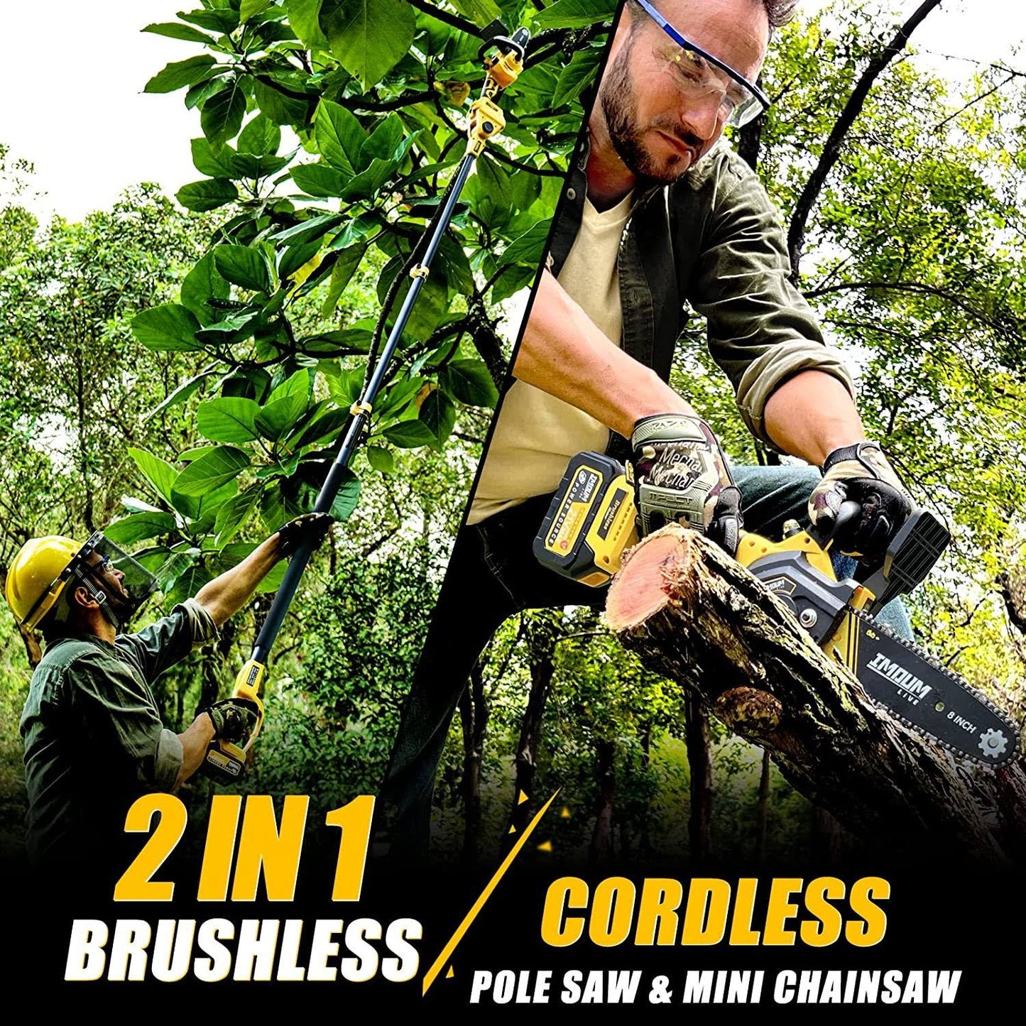 2-in-1 Brushless Pole Saw & Mini Chainsaw, IMOUMLIVE 8" Cutting Cordless Power Pole Saw for Wood Cutting, Trimming